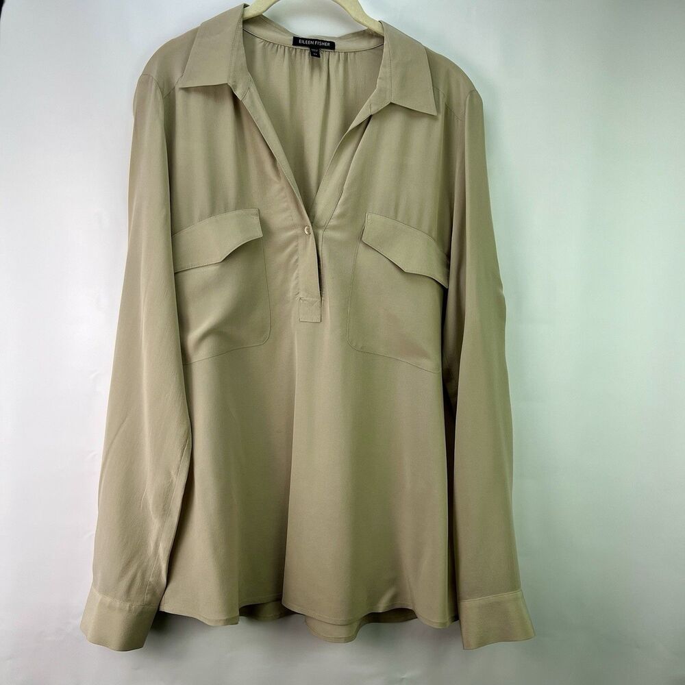 Eileen Fisher Silk Utility Blouse Size XS Sheer Beige Patch Pockets